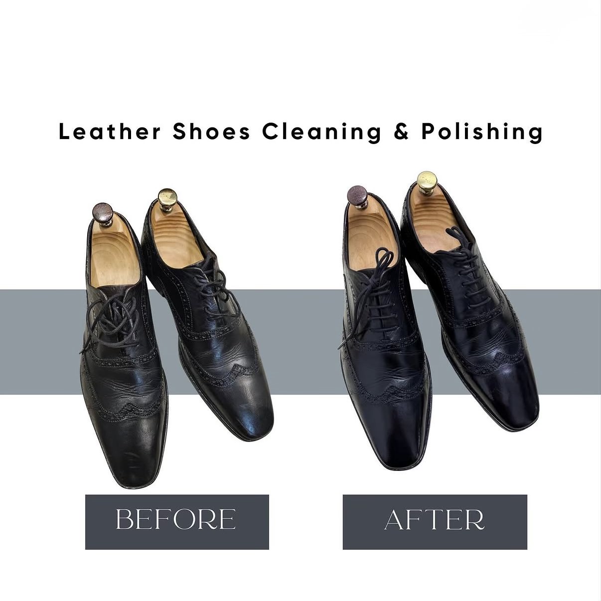 Before and after leather shoes cleaning and polishing by Astoria Drycleaners