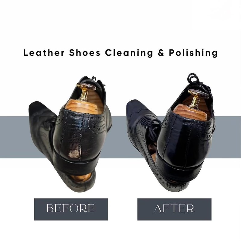 Before and after leather shoes cleaning and polishing by Astoria Drycleaners