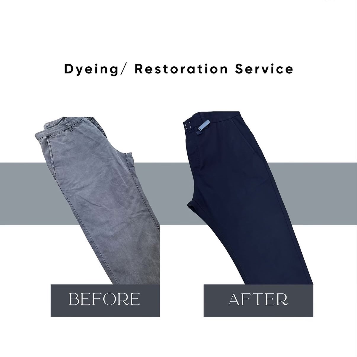 Before and after jeans dyeing and restoration by Astoria Drycleaners