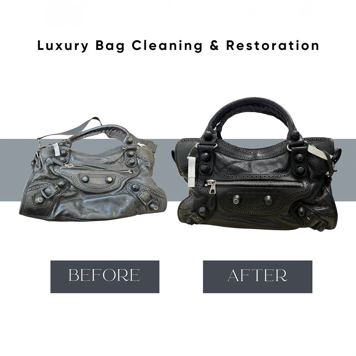 Before and after luxury bag cleaning and restoration by Astoria Drycleaners