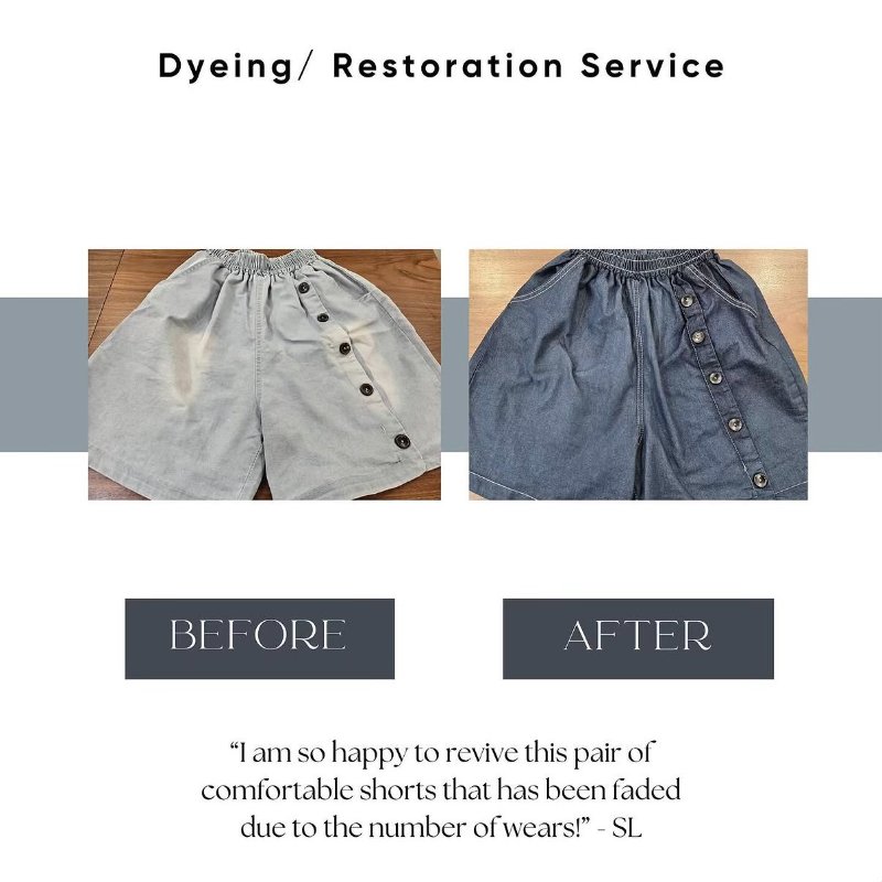 Before and after shorts dyeing and restoration by Astoria Drycleaners