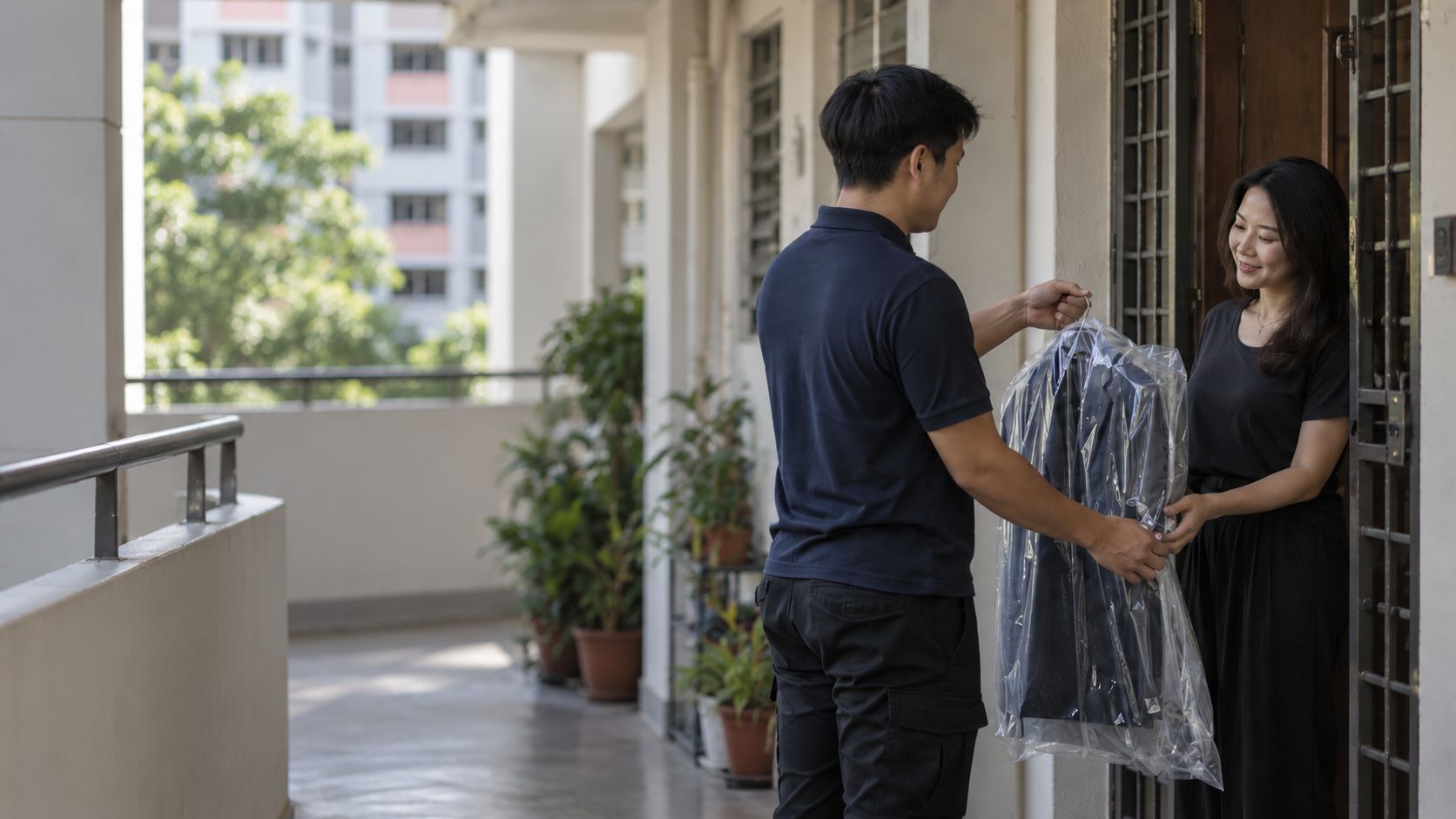 Astoria delivery staff handing a customer her dry-cleaned garments in a cover at her doorstep